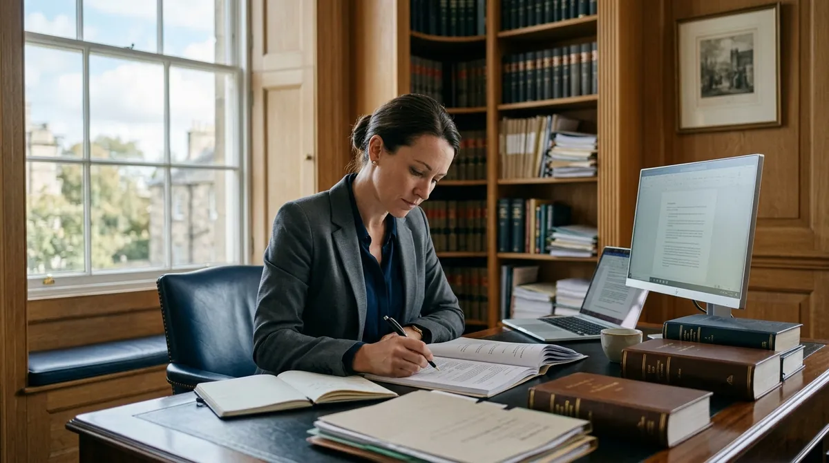 Avocate annotant un dossier à son bureau
