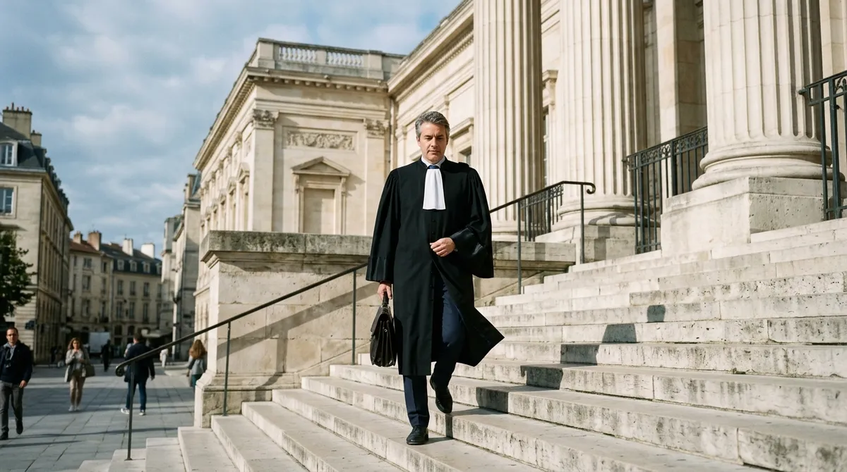 Avocat en robe devant un palais de justice